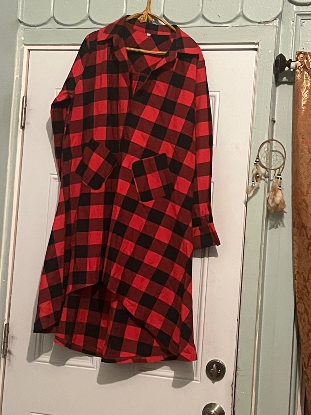 Red and Black Buffalo Check Hi-Low Shirt Dress - Picture 3 of 6